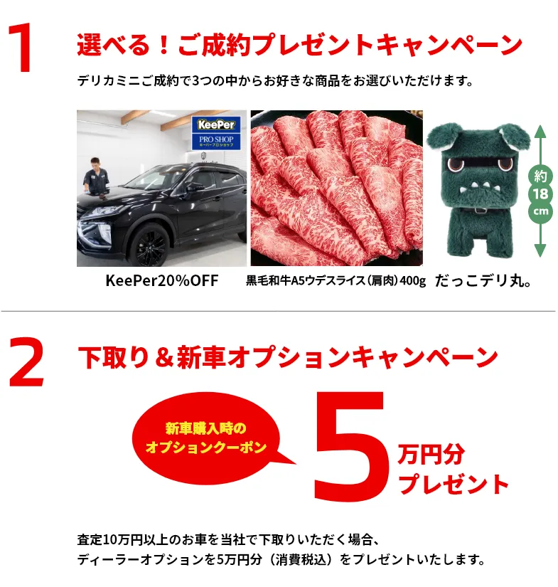 新型デリカミニご成約特典。沼津三菱限定でKeePer20%OFF、お肉、だっこデリ丸など選べるご成約特典。さらに下取り新車オプションキャンペーンで5万円分プレゼント。